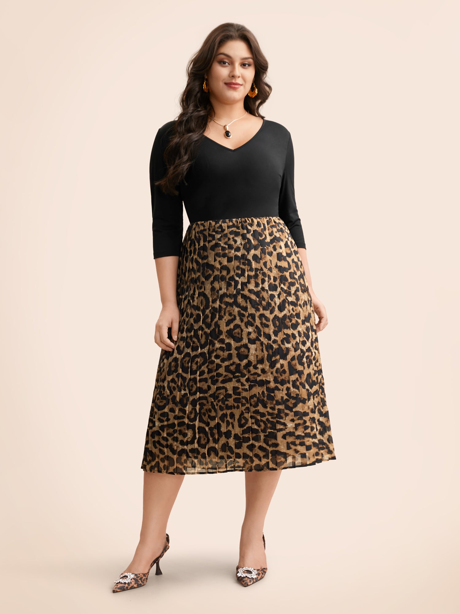 V Neck Leopard Print Patchwork Dress-Sweetccc