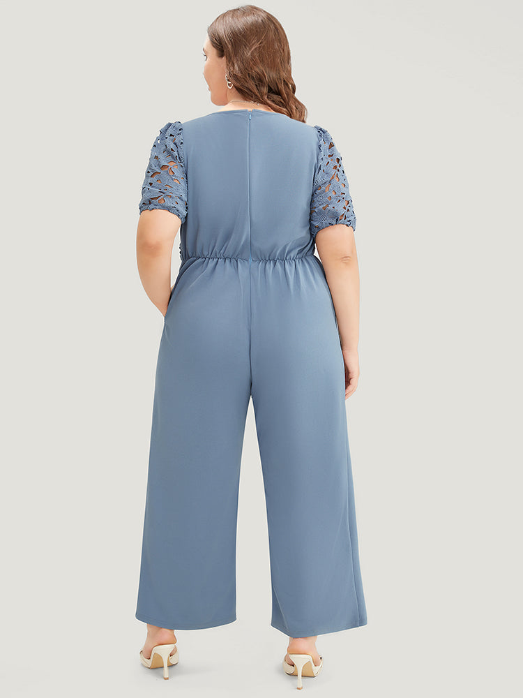Solid Lace Notched Square Neck Pocket Pleated Jumpsuit-Sweetccc