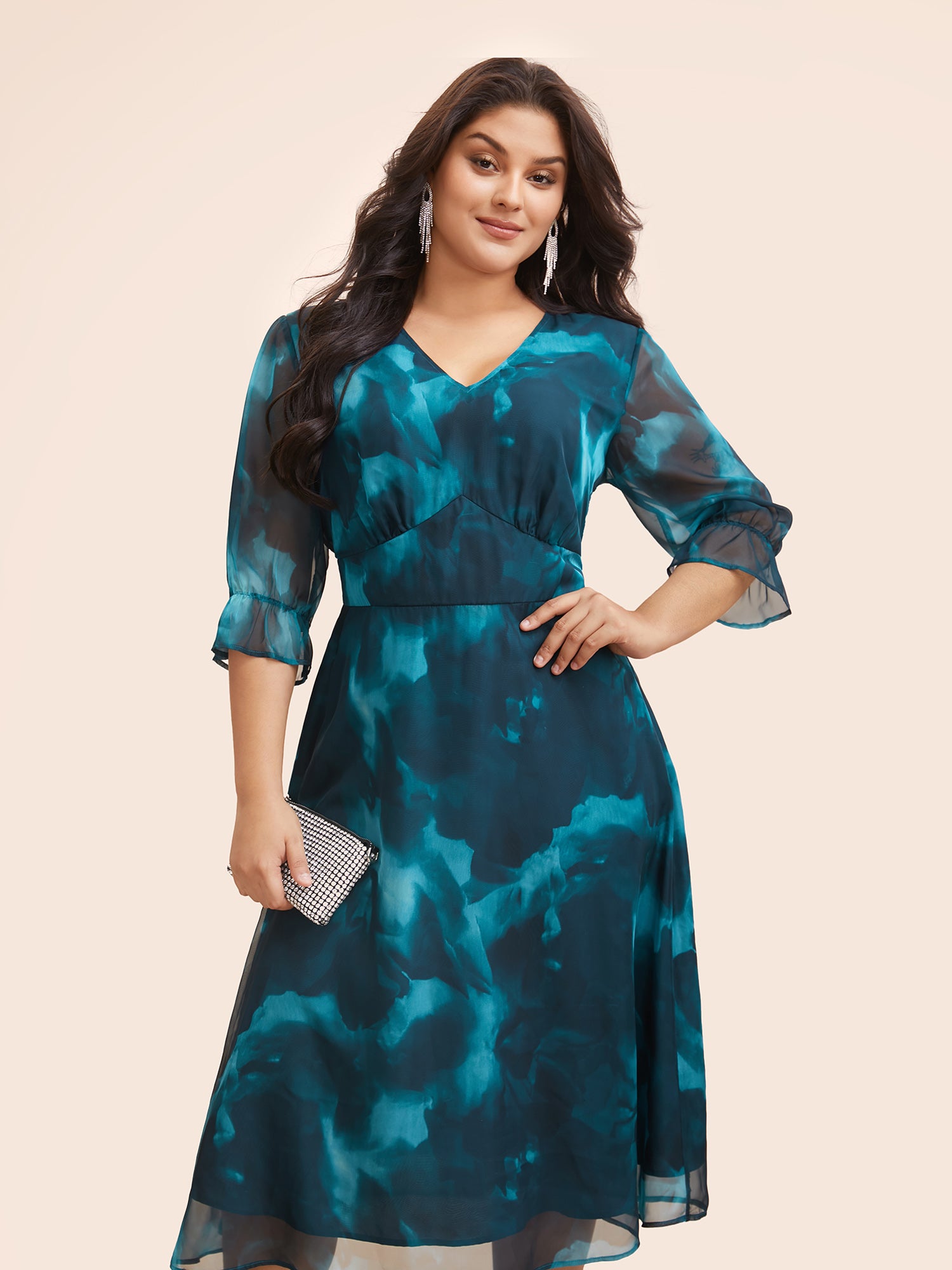 Water Ripple Print Mesh Ruffles Shirred Dress-Sweetccc