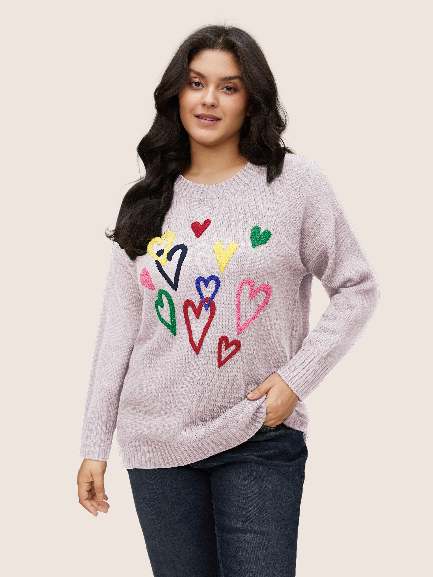 Heart Towel Embroidered Crew Neck Pullover-Sweetccc