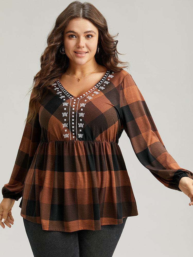 Floral Embroidered Gathered Lantern Sleeve T-shirt-Sweetccc