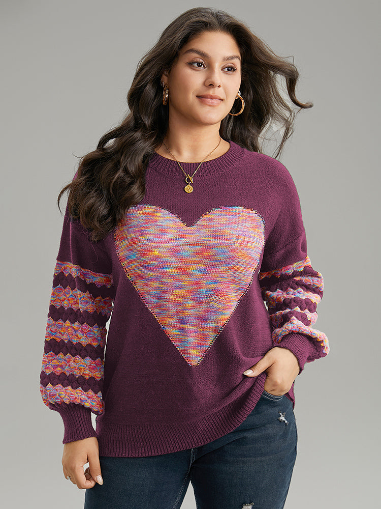 Heart Heather Patchwork Crew Neck Pullover-Sweetccc