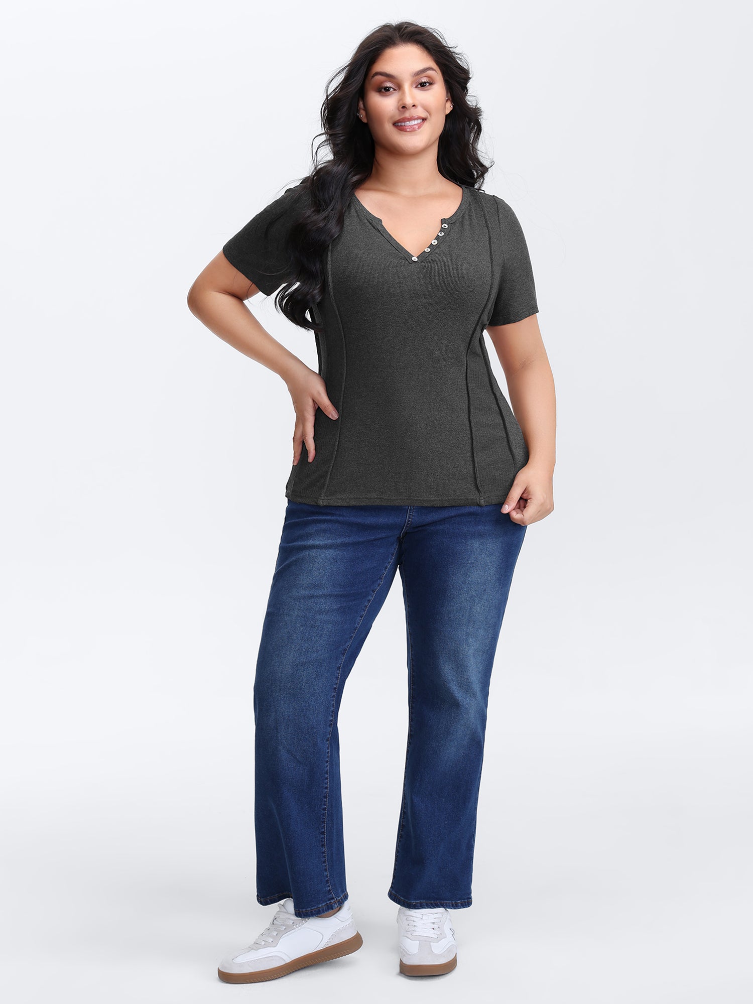 Supersoft Ribbed Split Neckline Fitted T-Shirt-Sweetccc