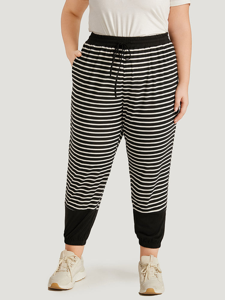Striped Patchwork Elastic Waist Pocket Ties Sweatpants-Sweetccc