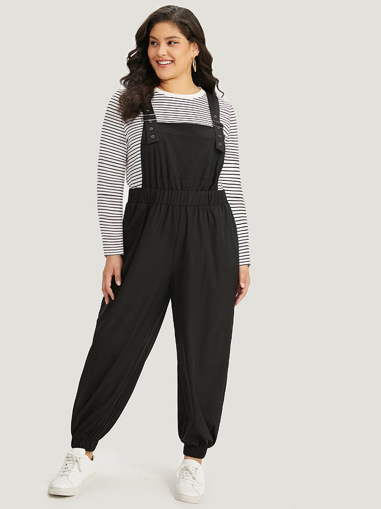 Solid Pocket Back Crisscross Elastic Waist Jumpsuit-Sweetccc