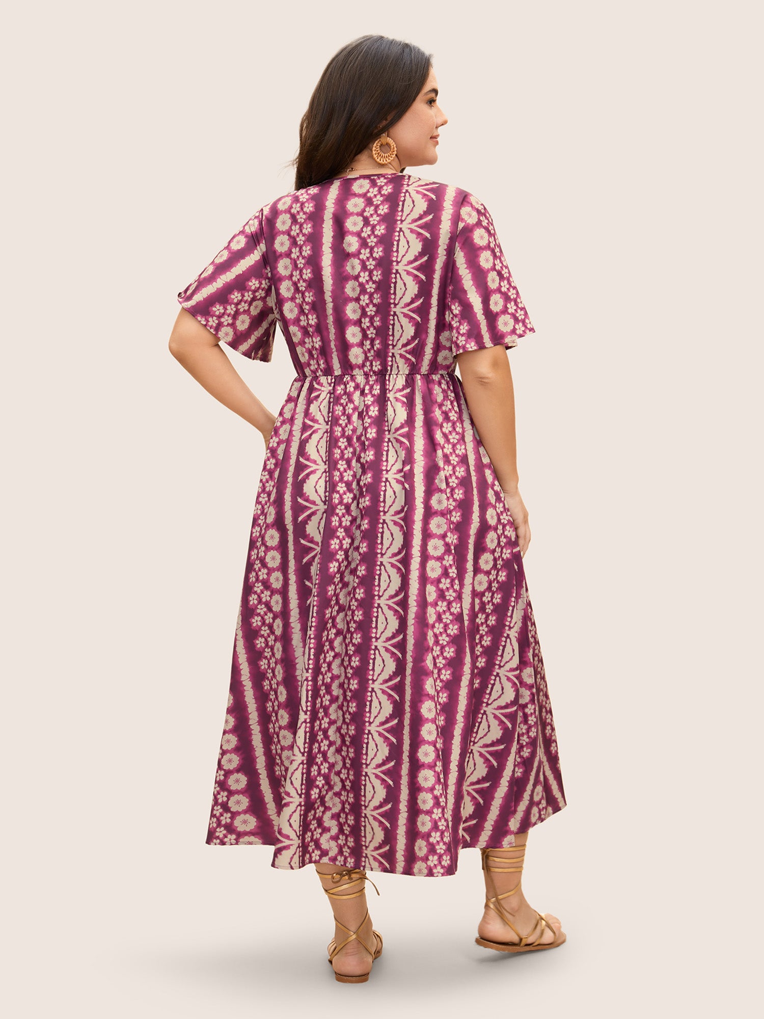 Floral Tie Dye Overlap Collar Ruffle Sleeve Dress-Sweetccc