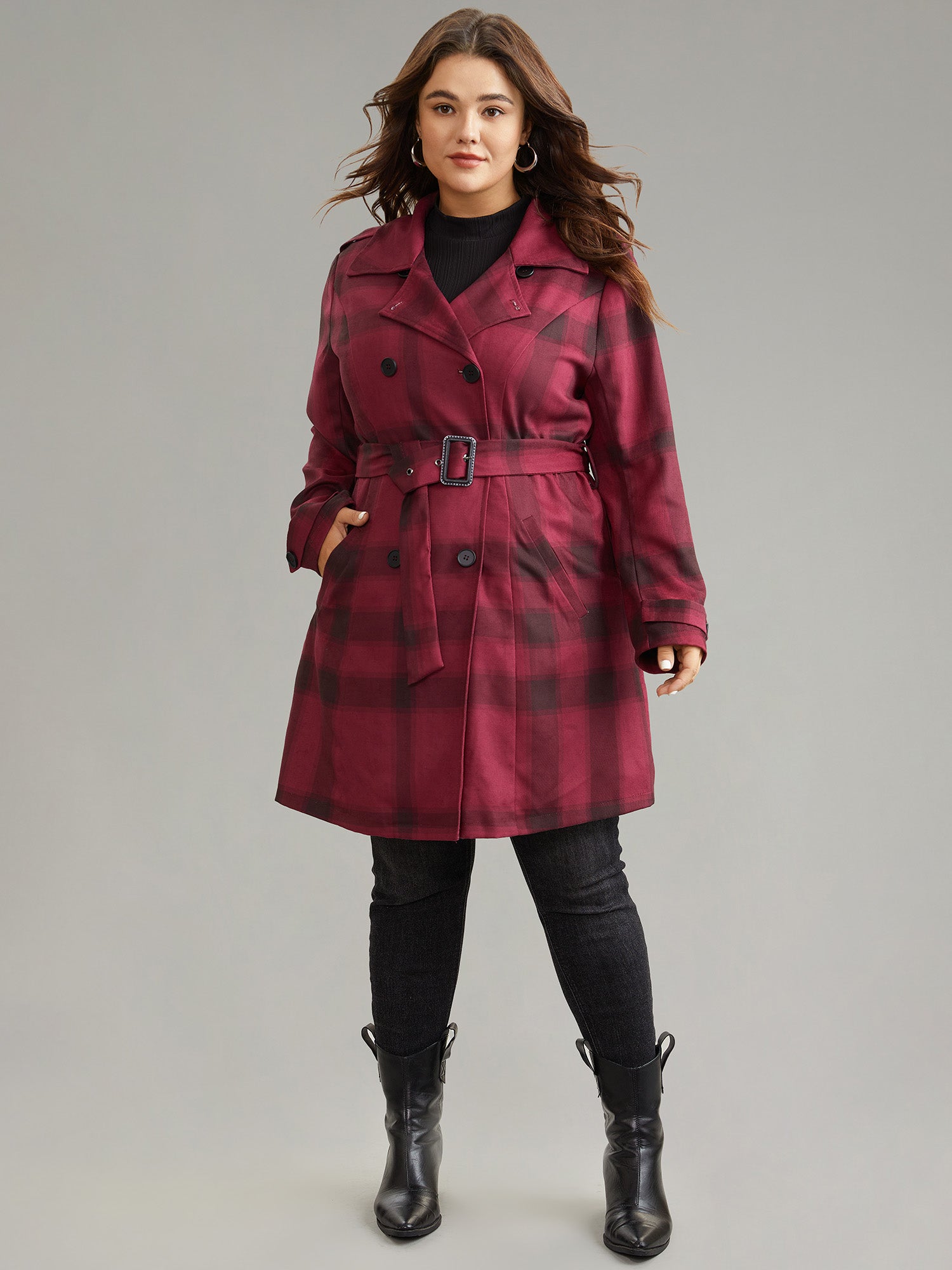 Lapel Collar Plaid Belted Double Breasted Coat-Sweetccc