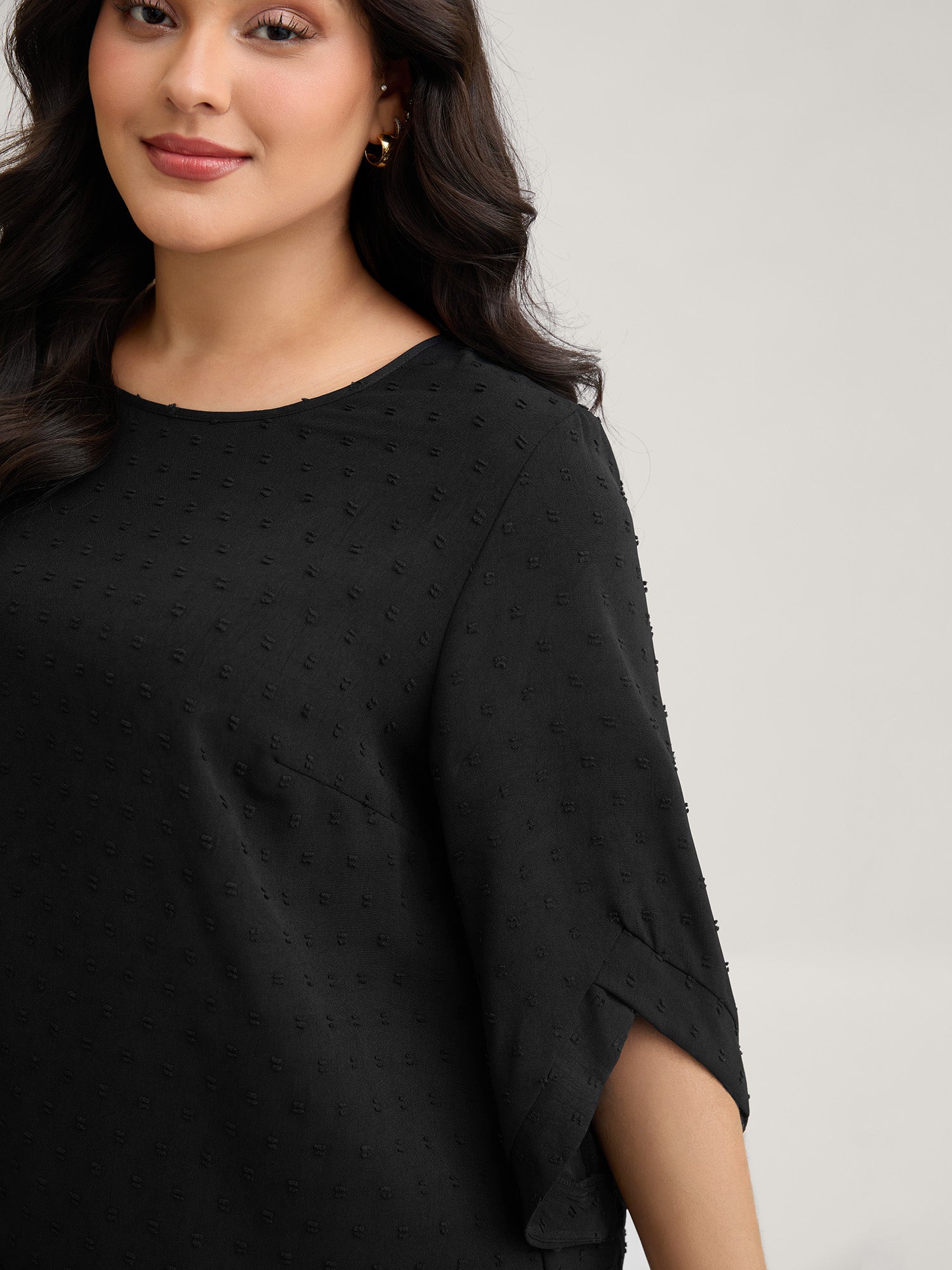 Textured Round Neck Bell Sleeve Blouse-Sweetccc