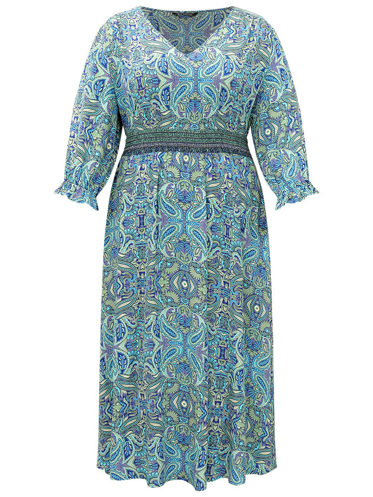 Paisley Print Shirred Flutter Trim Dress-Sweetccc