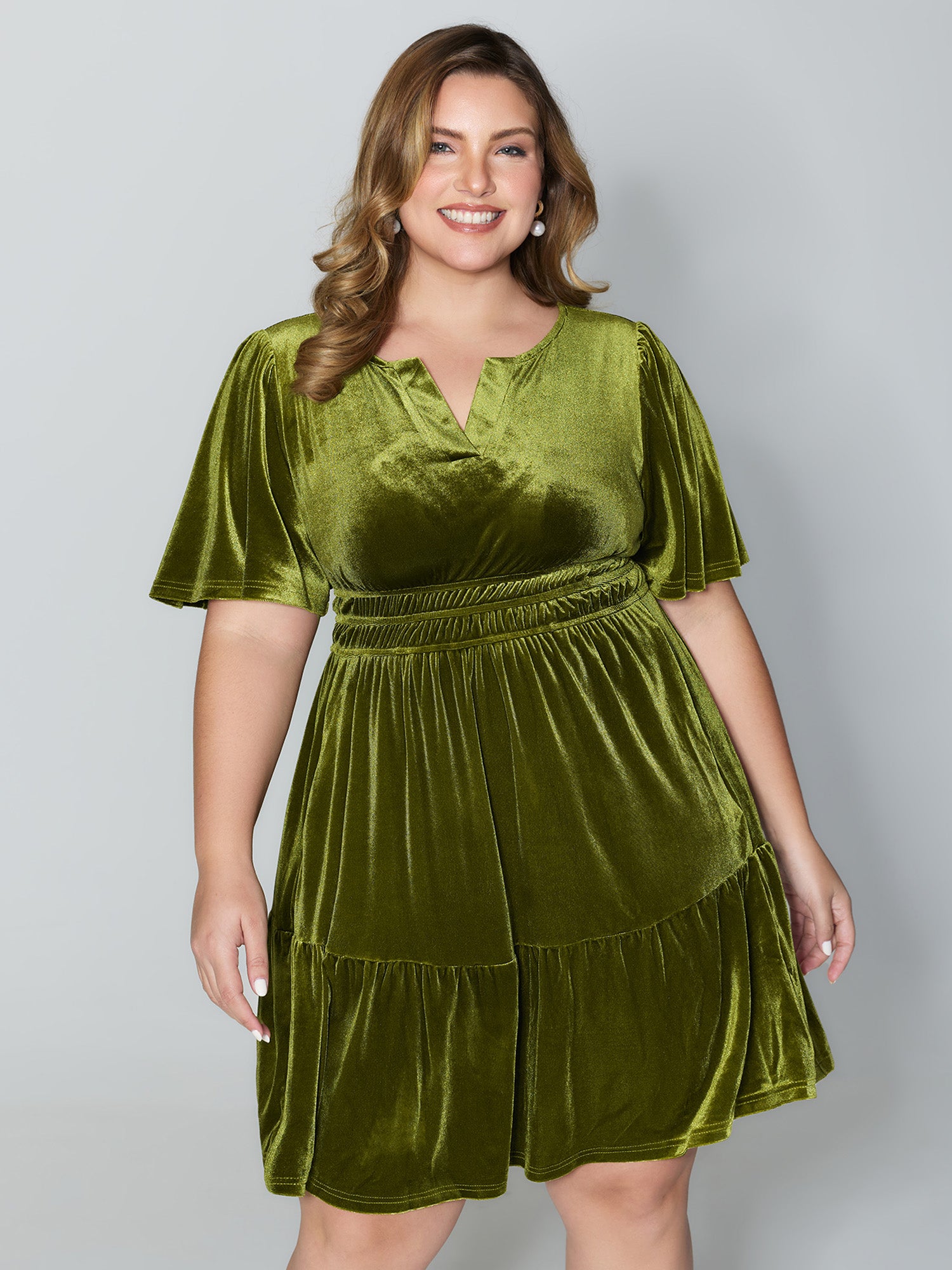 Velvet Stretchy Waistband Tiered Knee-Length Dress-Sweetccc