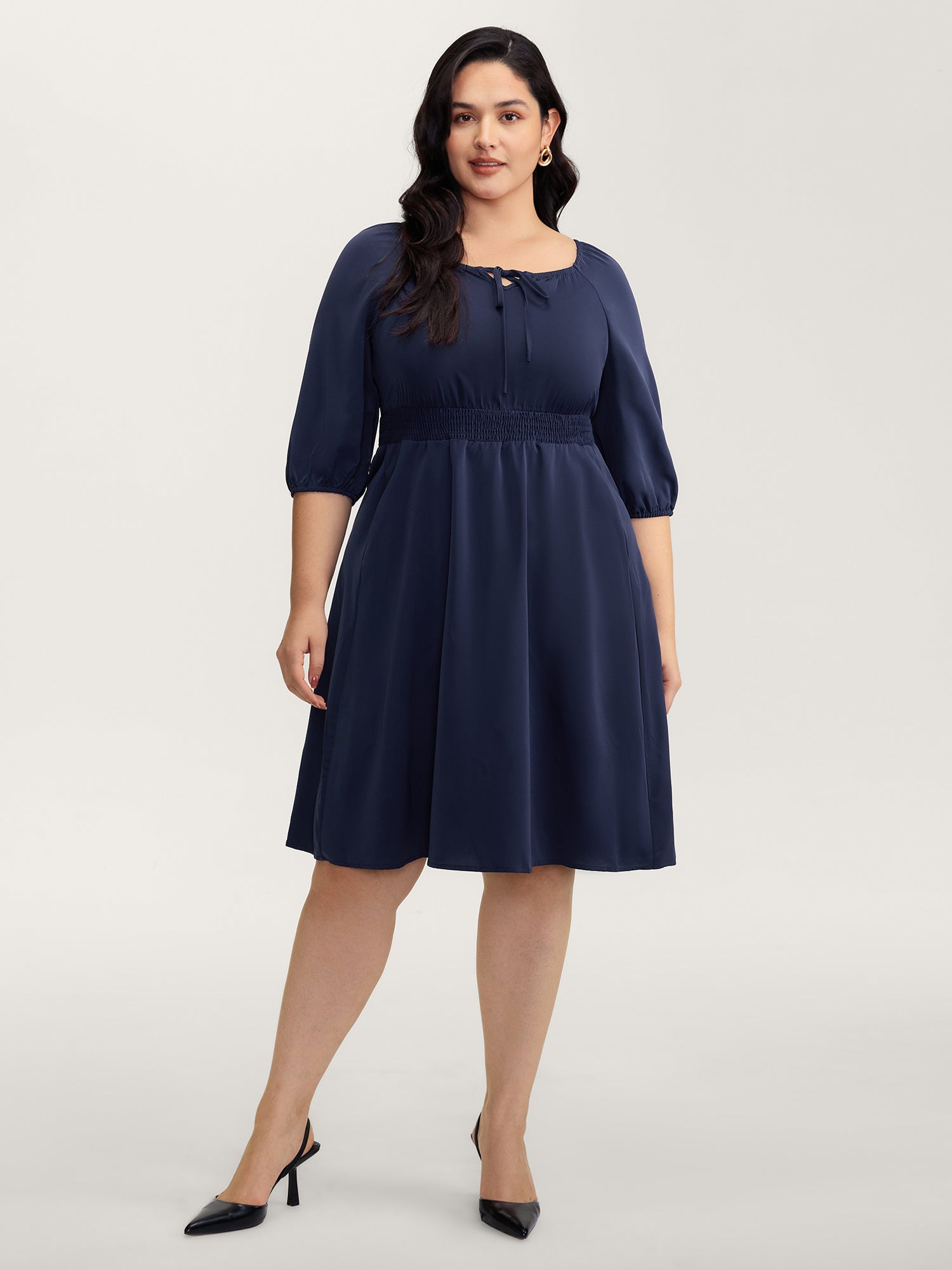 Neck-Tie Lantern Sleeve Shirred Midi Dress-Sweetccc