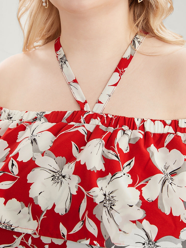 Floral Print Pocket Ruffles Trim Split Halter Maxi Dress-Sweetccc