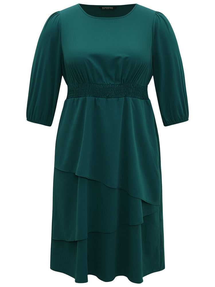 Twill Flutter Shirred Asymmetrical Layered Hem Dress-Sweetccc