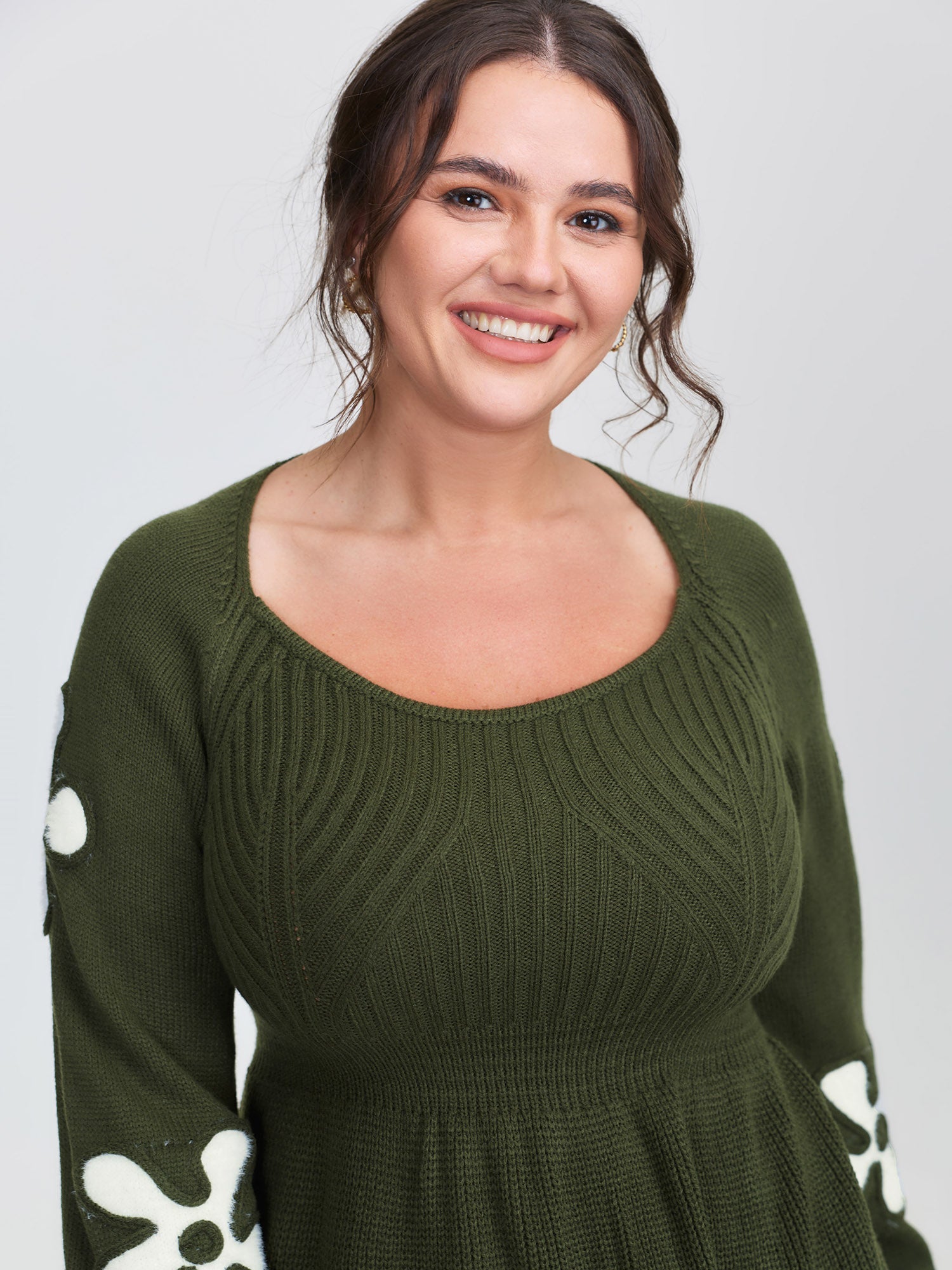 Floral Cord Embroidered Cinched-Waist Sweater Dress-Sweetccc