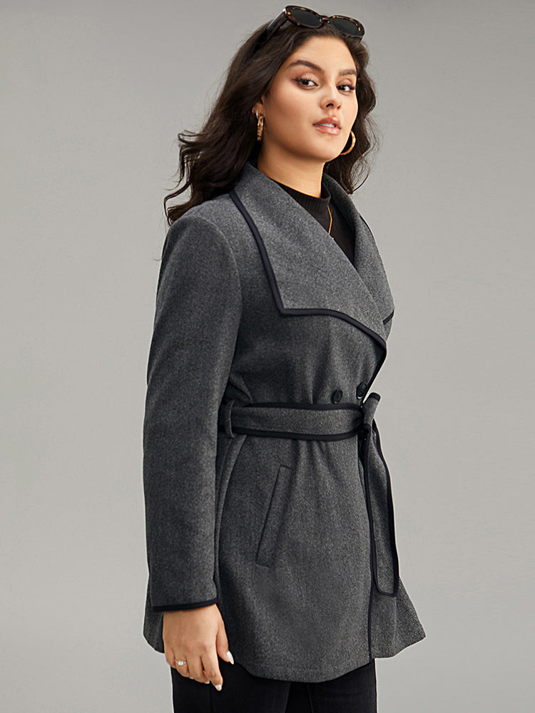 Lapel Collar Contrast Trim Belted Button Up Coat-Sweetccc