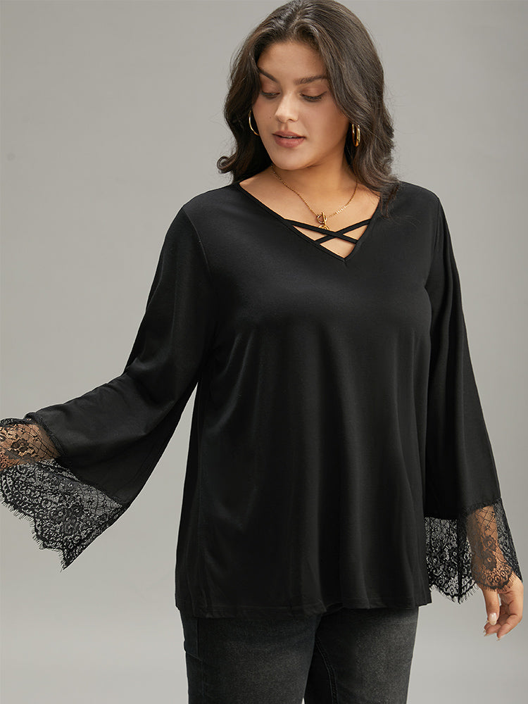 Guipure Lace Crisscross Flutter Sleeve T-shirt-Sweetccc