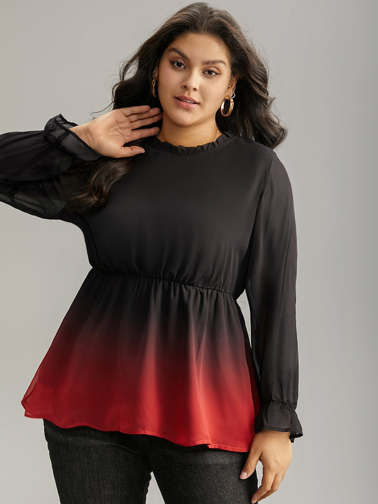 Ombre Contrast Frill Trim Ruffle Hem Blouse-Sweetccc