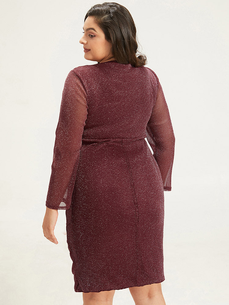 Lurex Glitter Crew Neck Mesh Patchwork Gathered Dress-Sweetccc