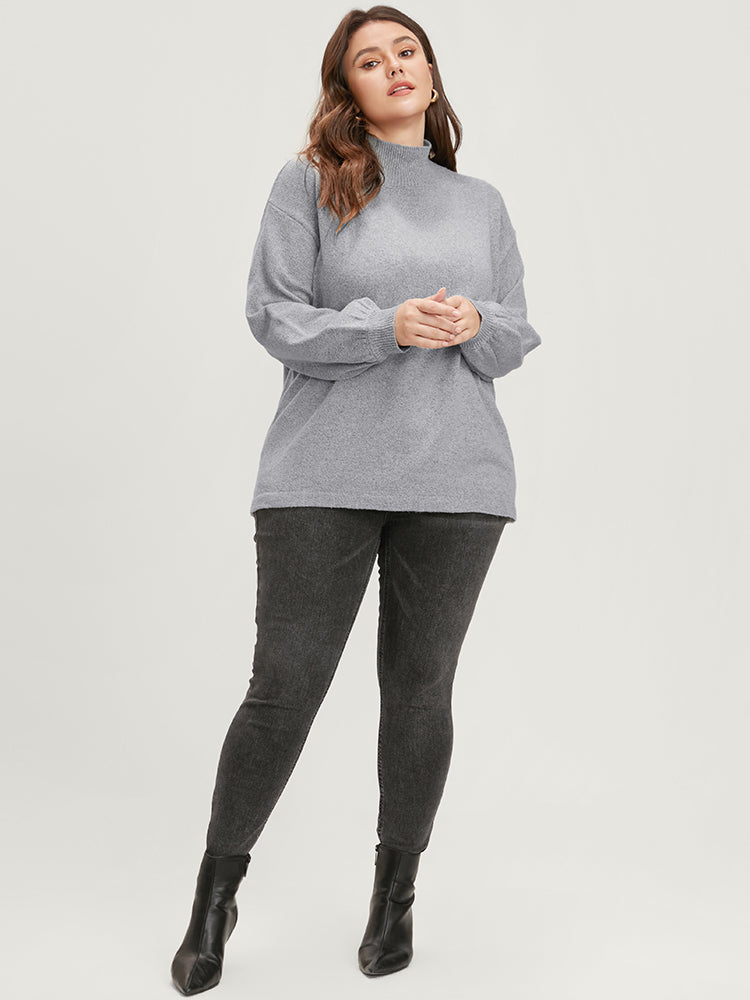 Solid Pointelle Knit Lantern Sleeve Mock Neck Heather Knit Top-Sweetccc