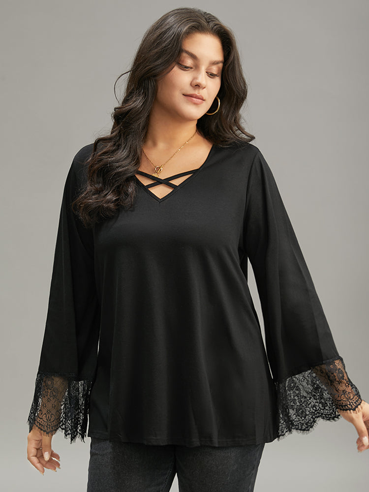 Guipure Lace Crisscross Flutter Sleeve T-shirt-Sweetccc