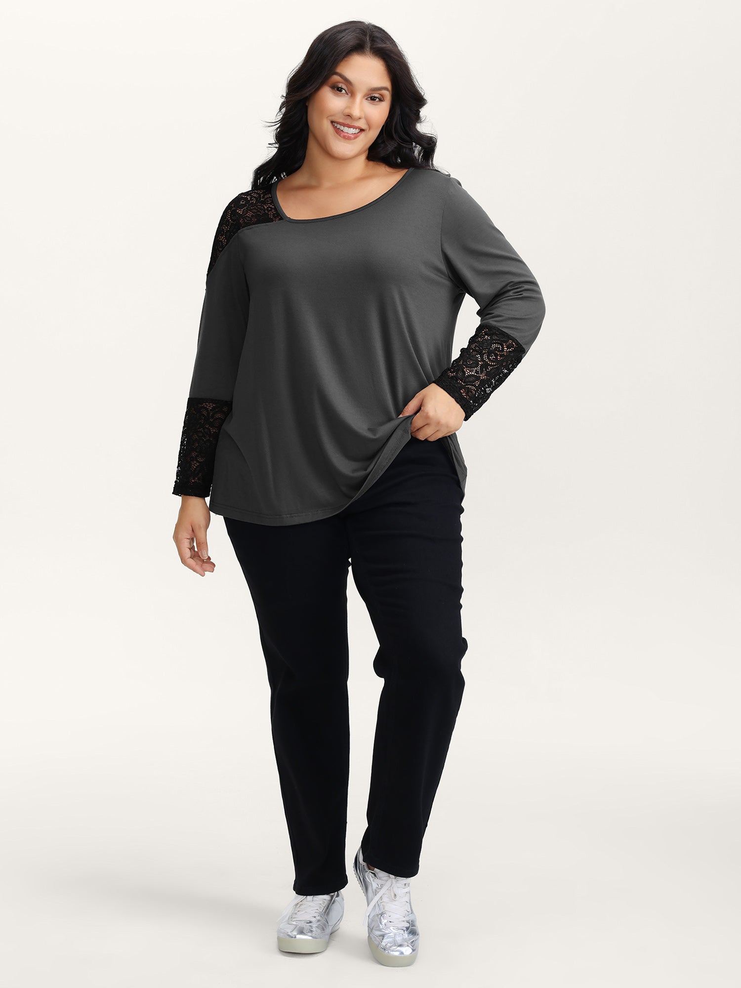 Supersoft Sheer Lace Solid T-Shirt-Sweetccc