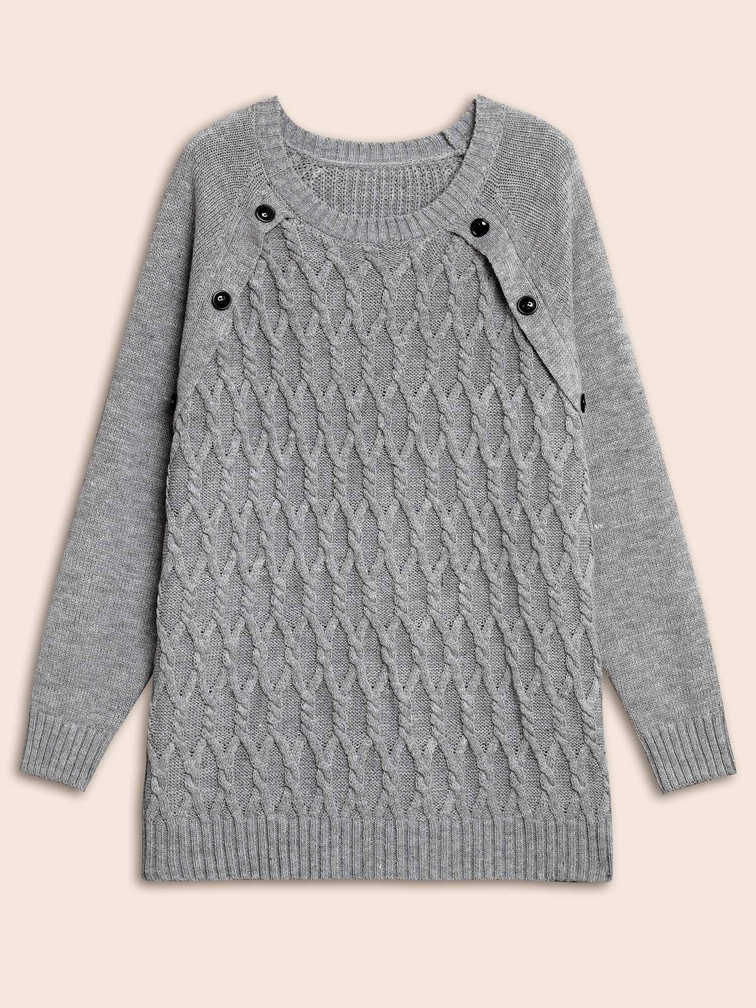 Texture Cable Knit Button Detail Pullover-Sweetccc