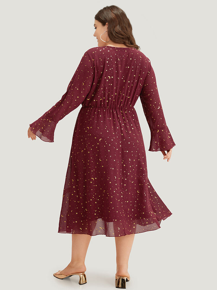 Moon & Star Glitter Surplice Neck Bell Sleeve Dress-Sweetccc