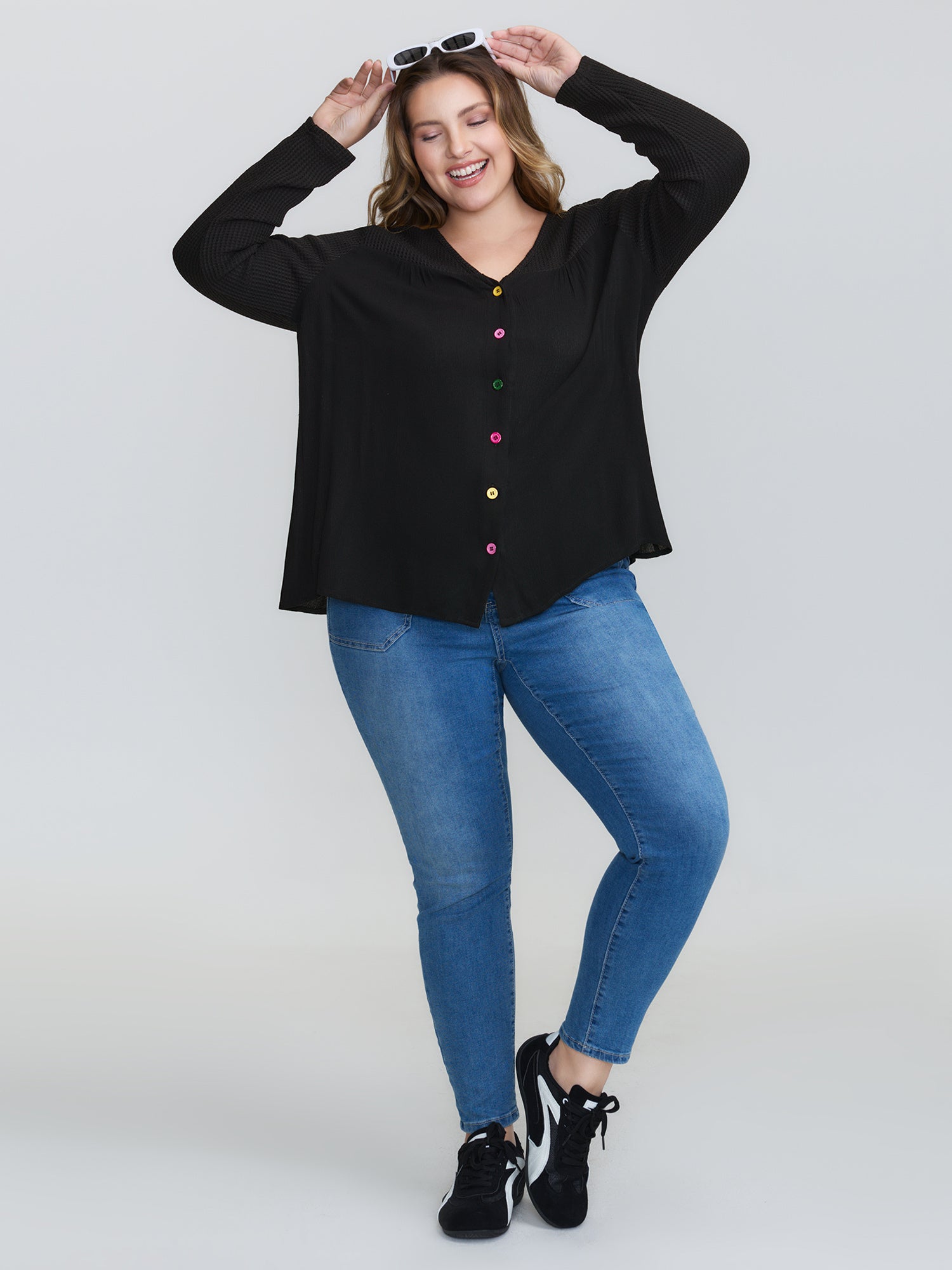 Stretchy Textured Colorful Button Blouse-Sweetccc