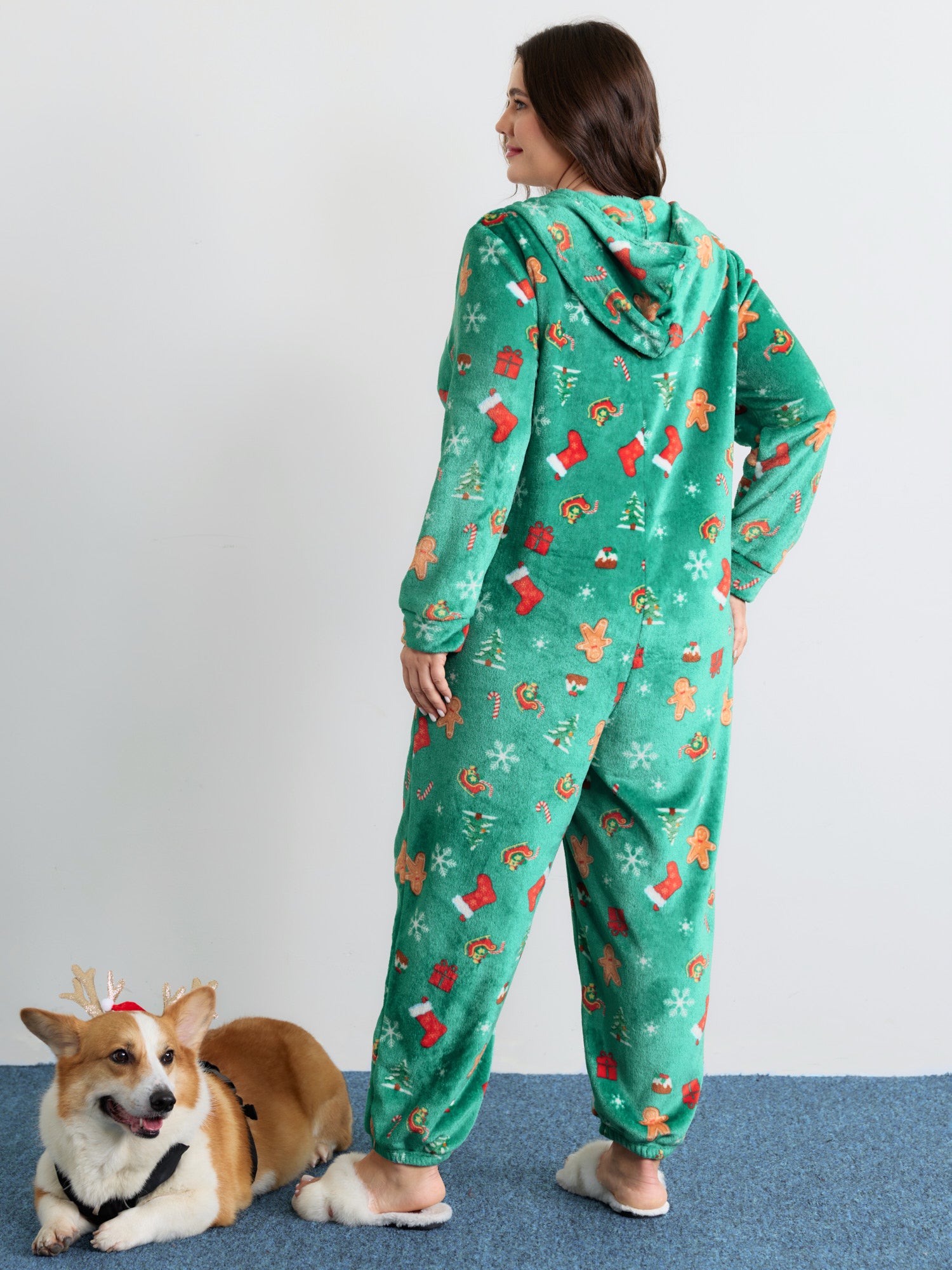 Fleece Holiday Pattern Pockets Hooded Sleep Jumpsuit-Sweetccc