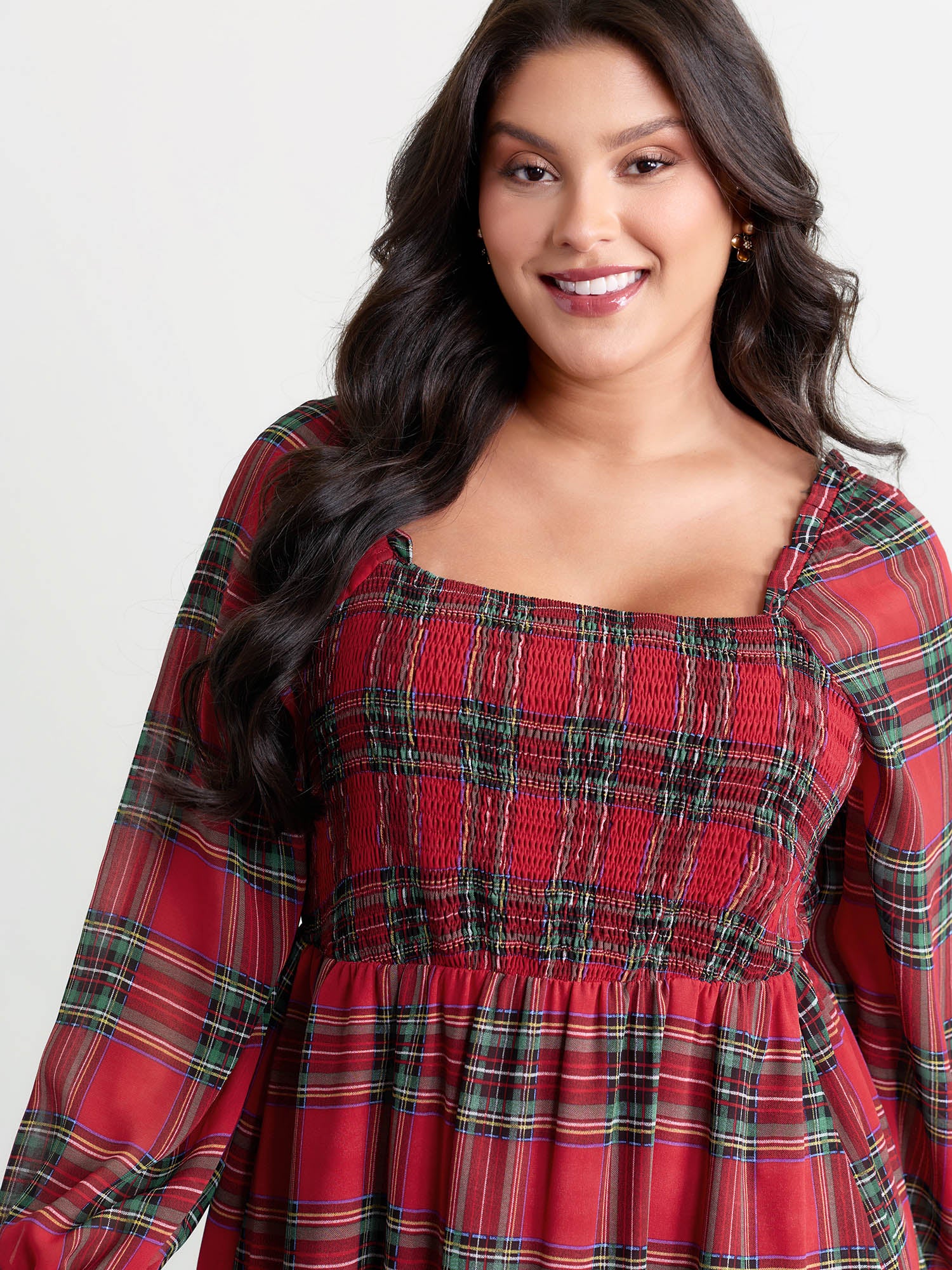 Holiday Plaid Shirred Bodice Maxi Dress-Sweetccc