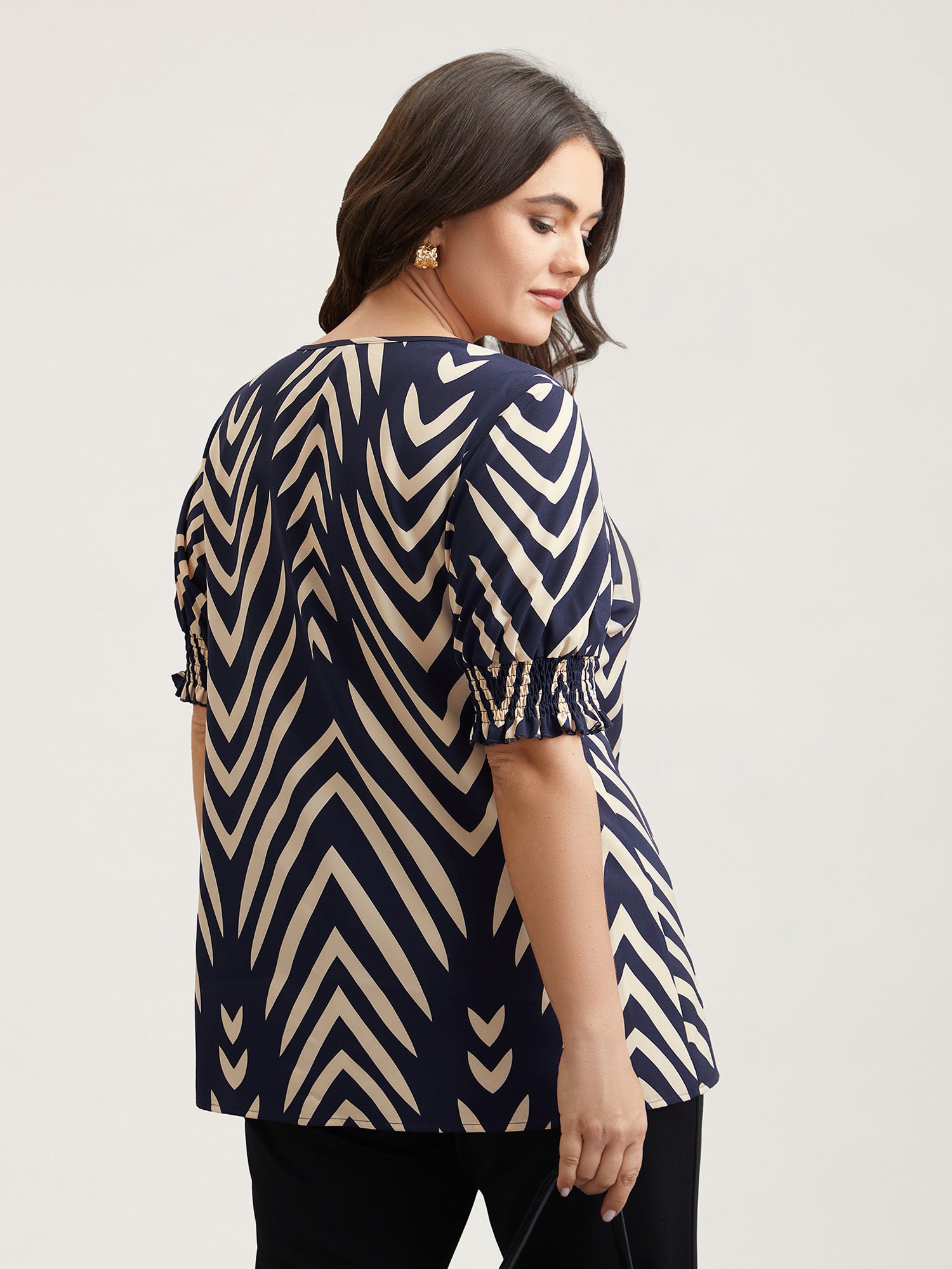 Geometric Print Ruffled Shirred Shirt-Sweetccc