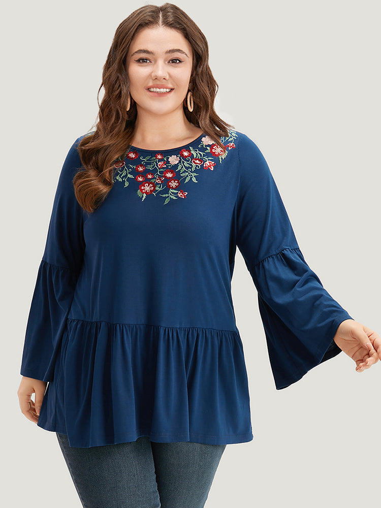 Floral Embroidered Bell Sleeve Crew Neck T-shirt-Sweetccc