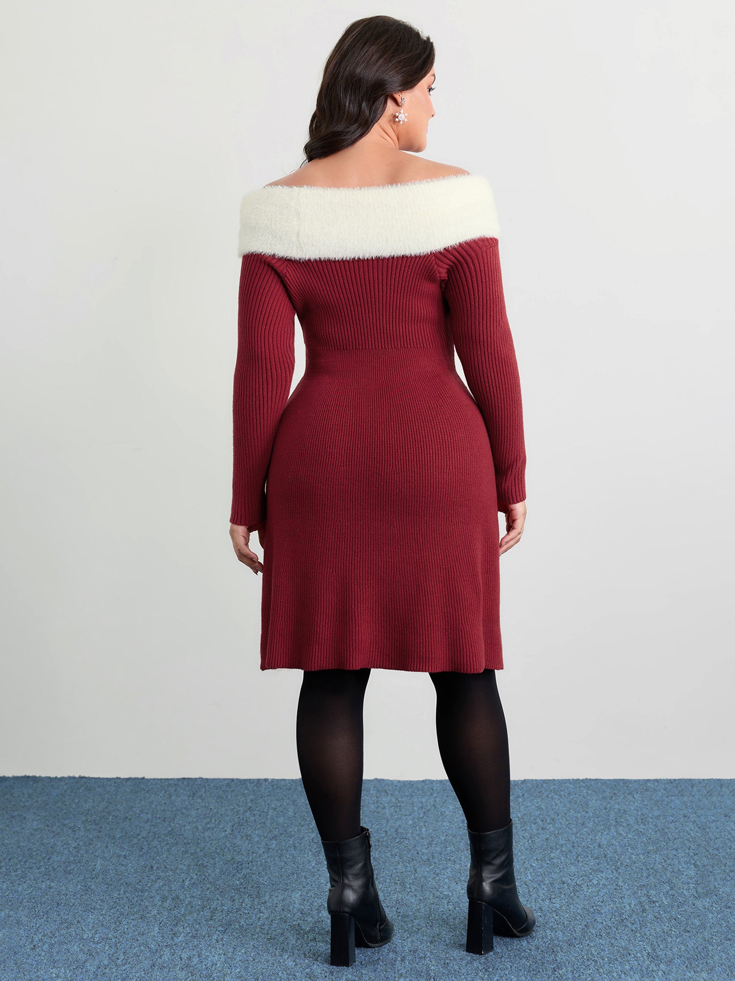 Fuzzy Off-Shoulder Color Block Sweater Dress-Sweetccc