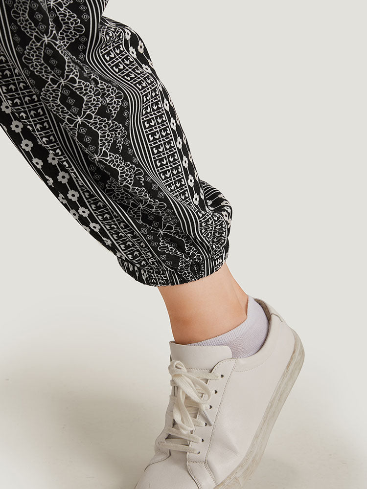 Moroccan Print Pocket Elastic Waist Ties Pants-Sweetccc