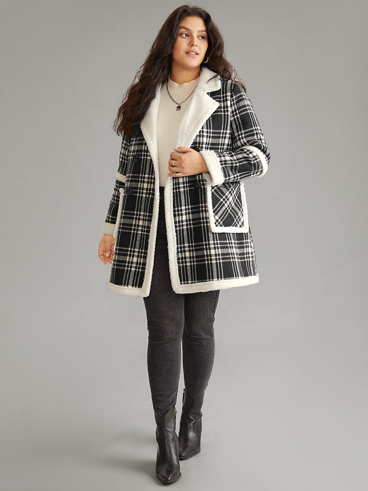 Lapel Collar Plaid Pocket Fuzzy Trim Coat-Sweetccc