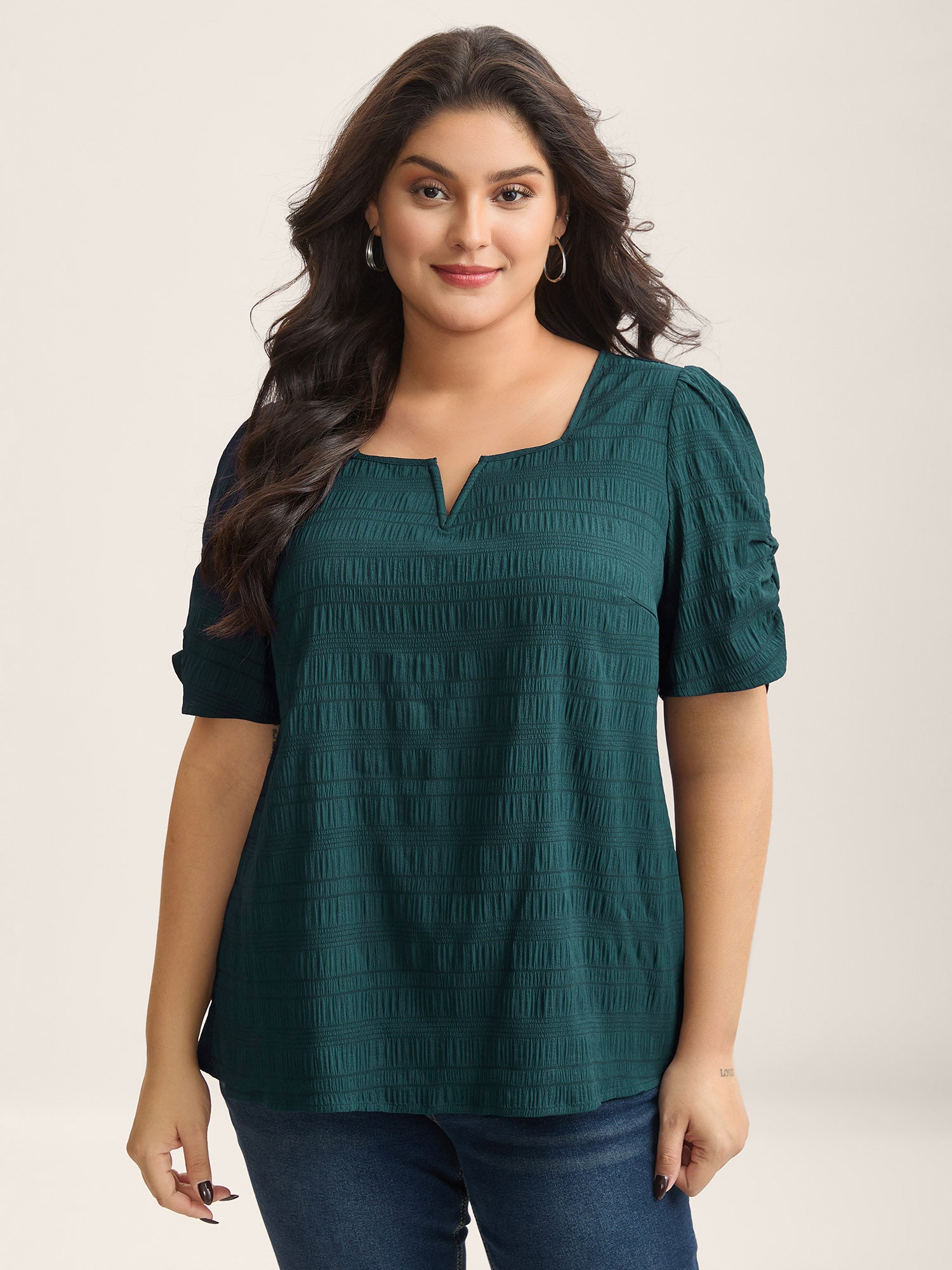 Textured Gathered Sleeve Split Neck Blouse-Sweetccc