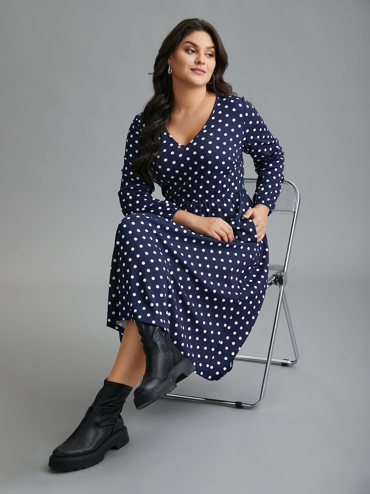V Neck Polka Dot Midi Dress-Sweetccc