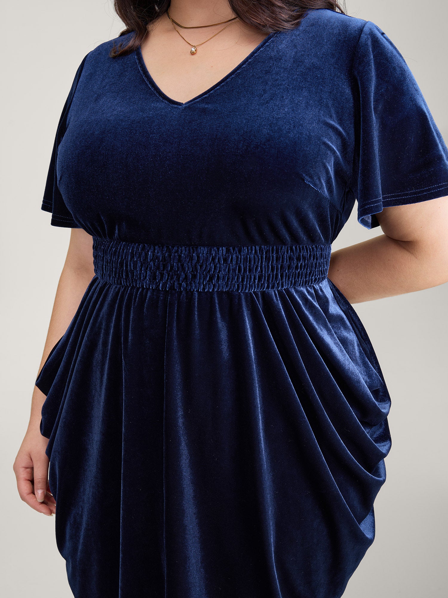 Velvet Shirred Waist Asymmetrical Hem Midi Dress-Sweetccc