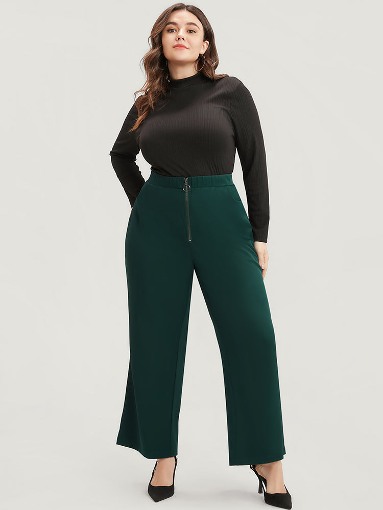 Solid O Ring Zipper Pocket Elastic Waist Wide Leg Pants-Sweetccc