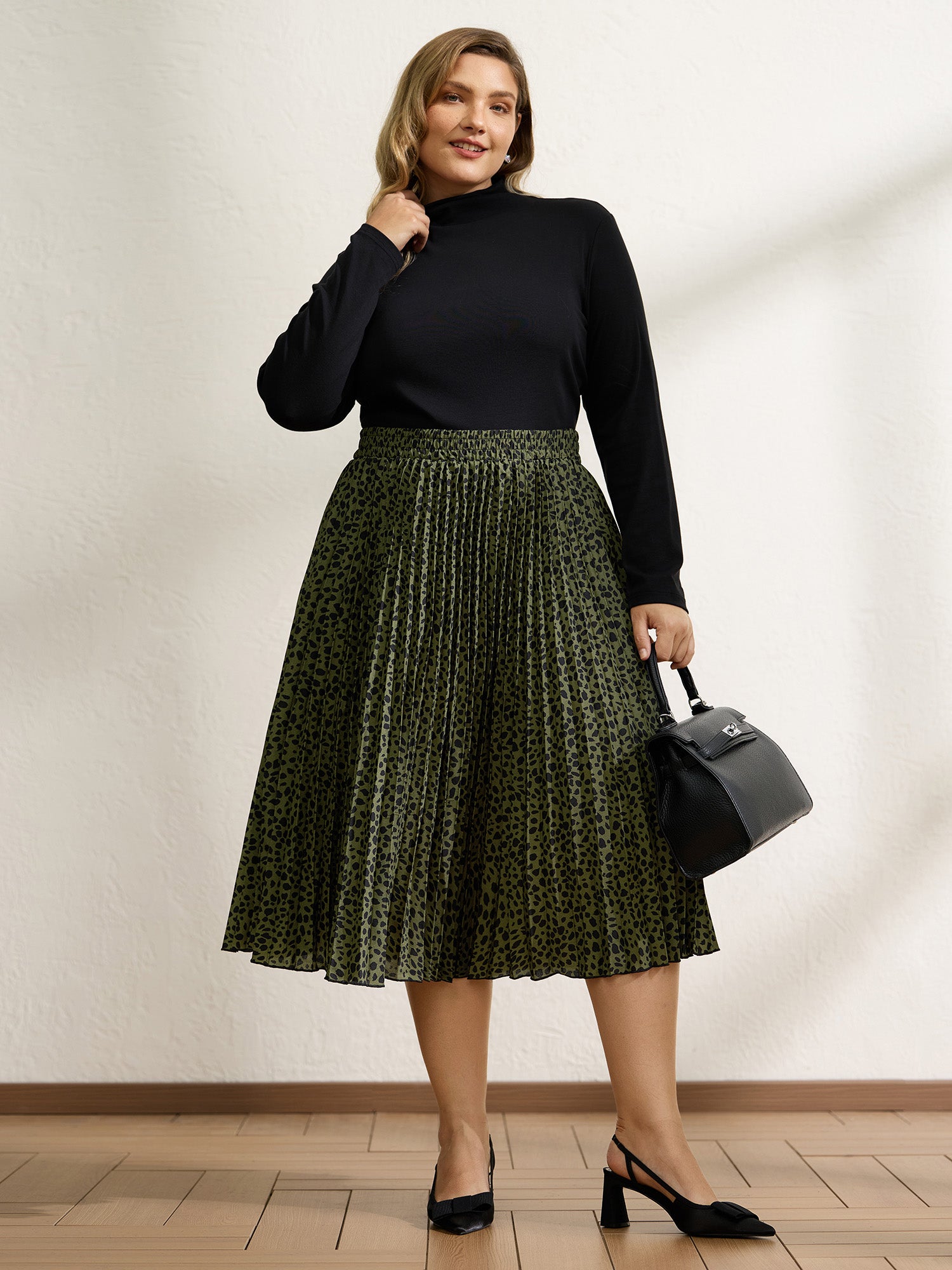 Monochrome Polka Dots Pleated Midi Skirt-Sweetccc