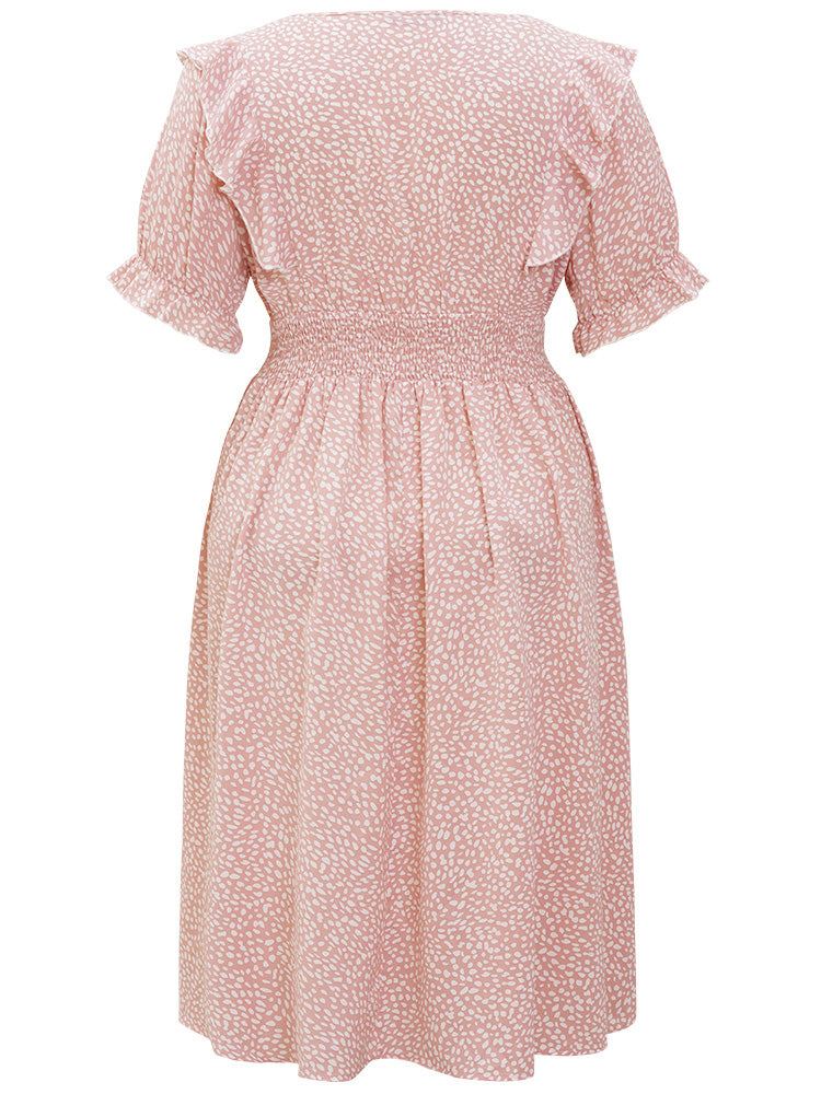 Leopard Ruffle Trim Pocket Shirred Puff Sleeve Dress-Sweetccc