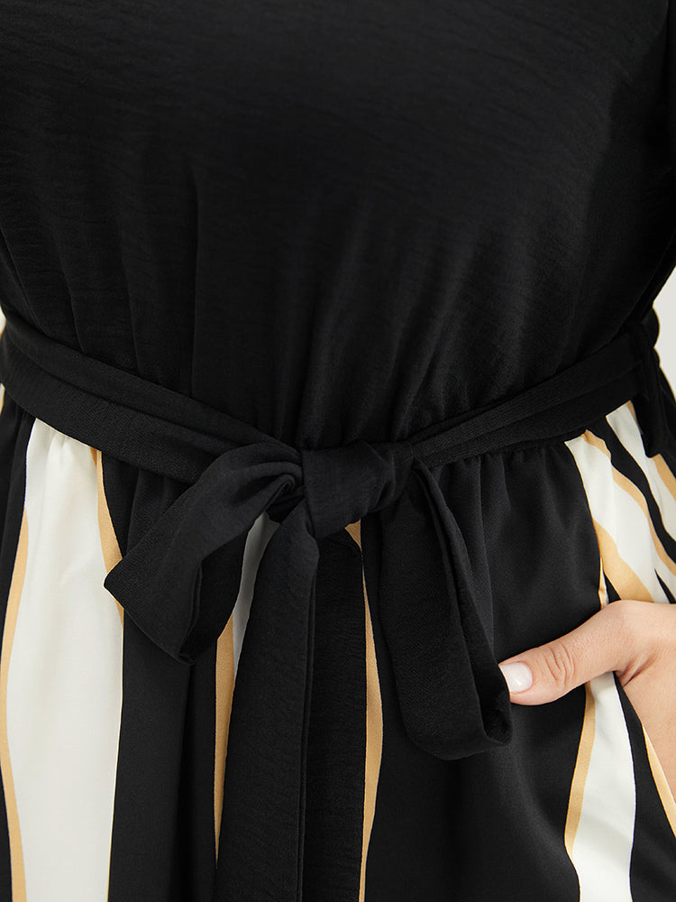 Striped Patchwork Ruffle Sleeve Pocket Belted Keyhole Dress-Sweetccc