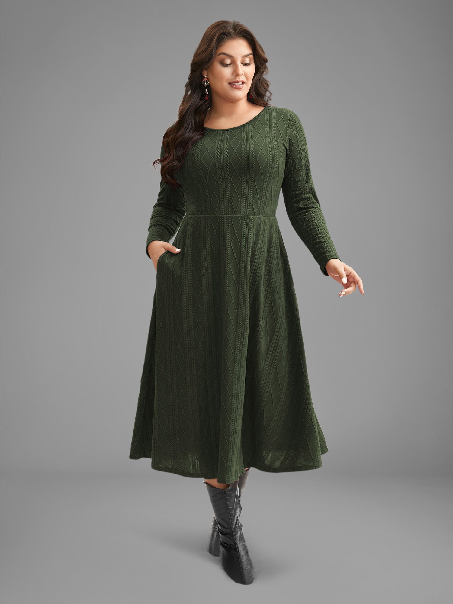 Textured Knit Fit-And-Flare Midi Dress-Sweetccc