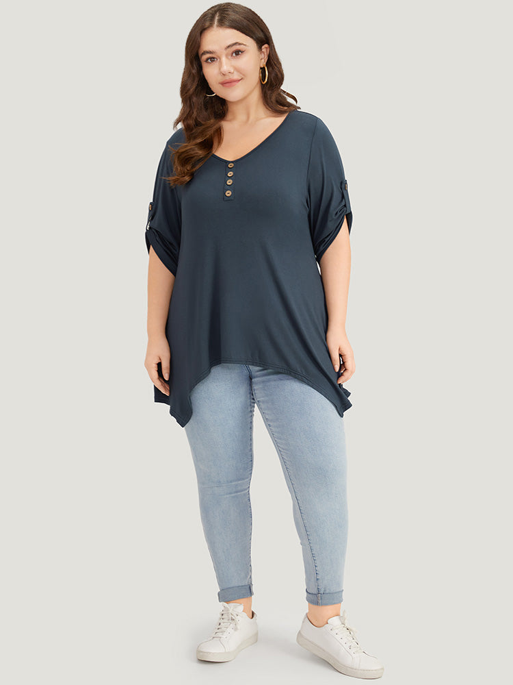 Supersoft Essentials Asymmetrical Hem Roll Sleeve Button Detail T-shirt-Sweetccc