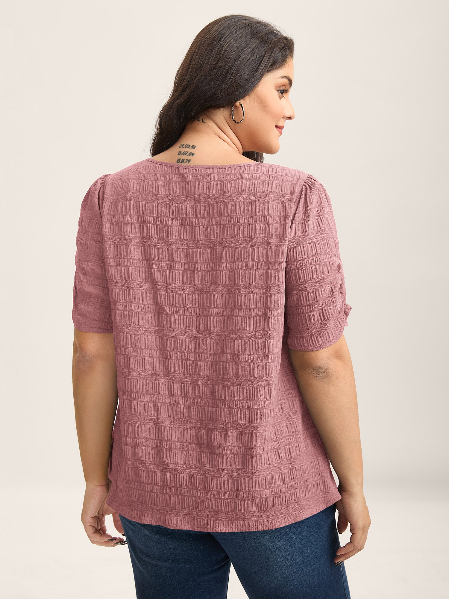 Textured Gathered Sleeve Split Neck Blouse-Sweetccc