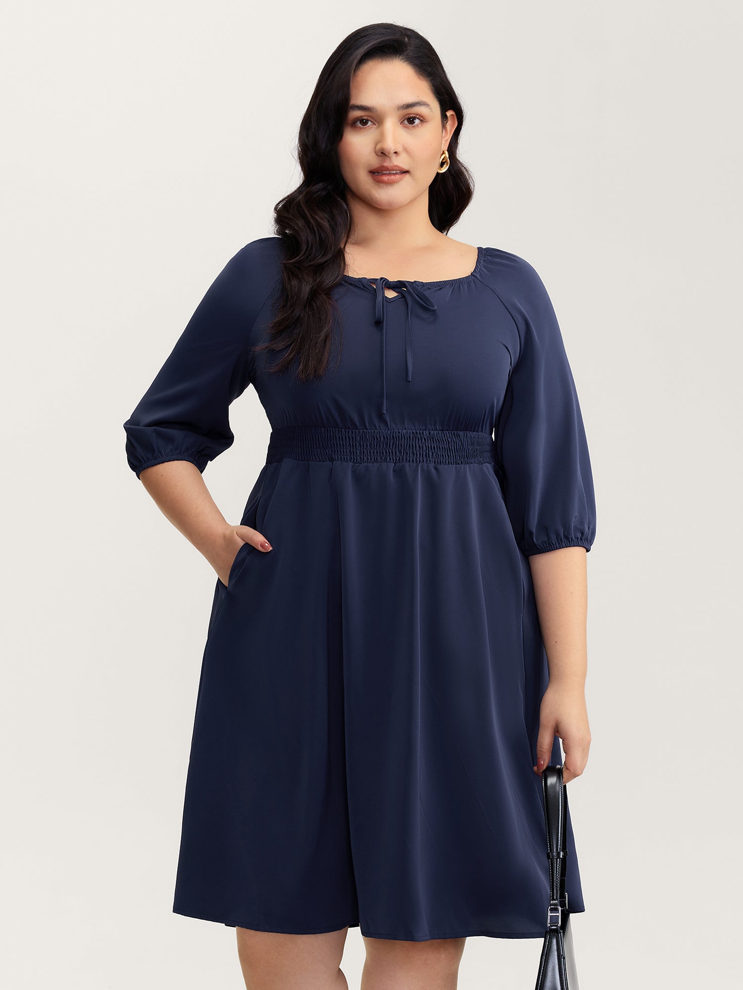 Neck-Tie Lantern Sleeve Shirred Midi Dress-Sweetccc
