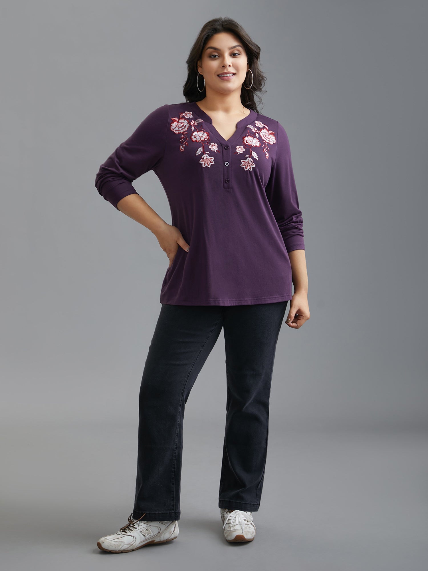 Notched Floral Embroidered  Button Top-Sweetccc