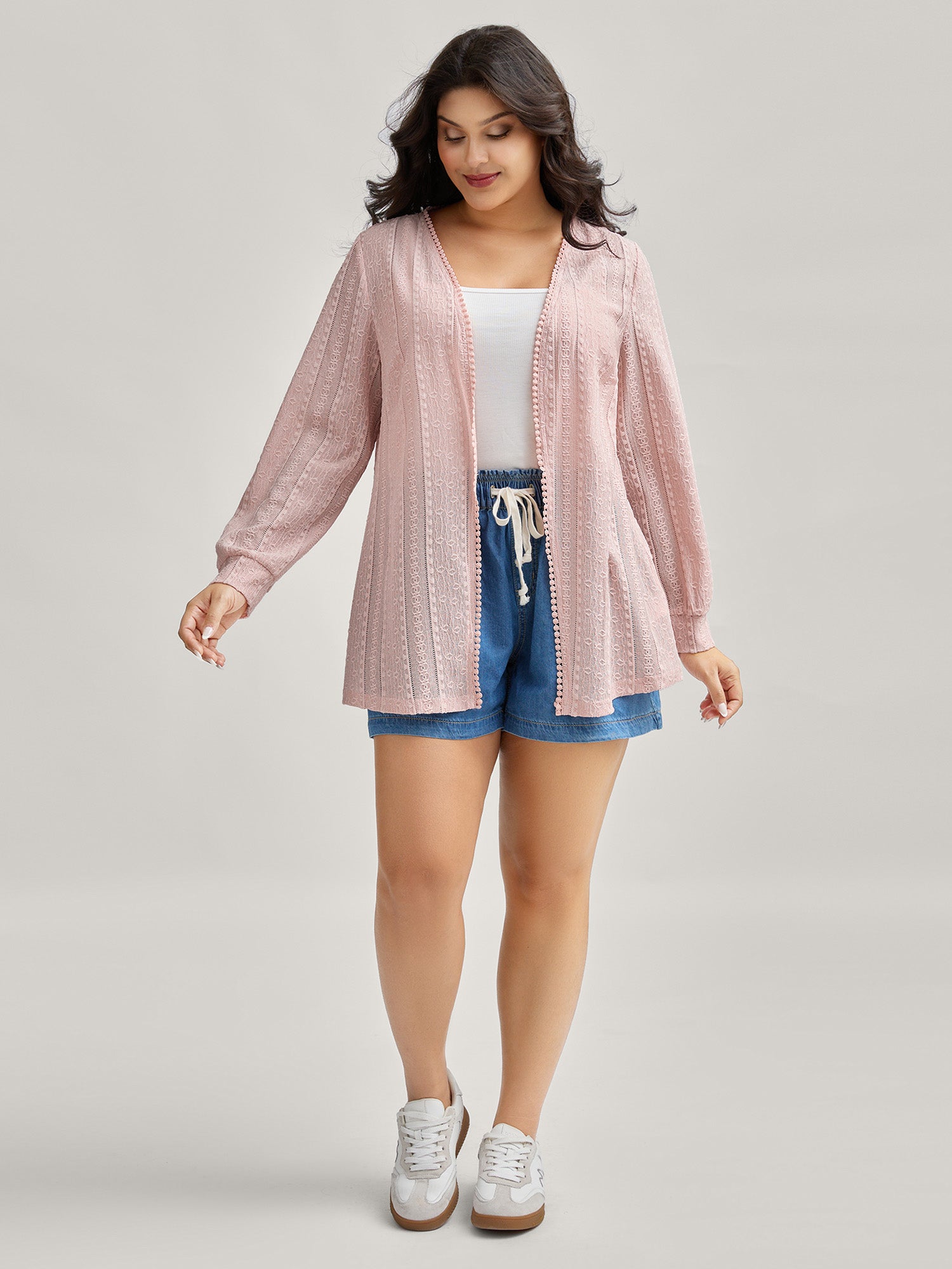 Textured Lace Trim Sheer Kimono Cardigan-Sweetccc