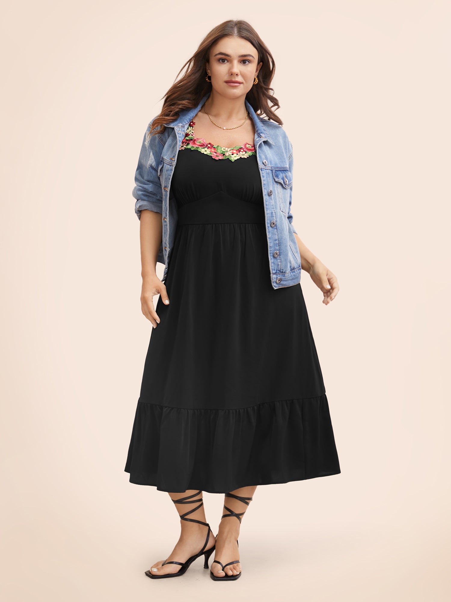 Floral Woven Ribbon Heart Neckline Cami Dress-Sweetccc