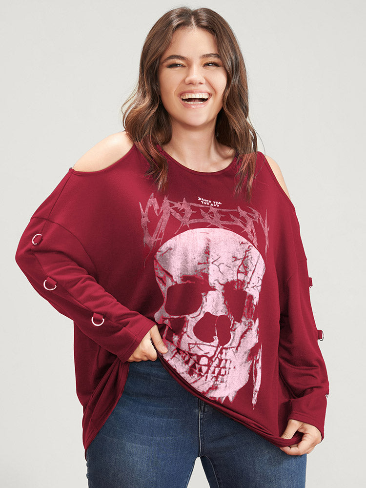 Halloween Skull Print Cold Shoulder Sweatshirt-Sweetccc